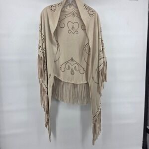 Curations Caravan Faux Suede Shawl OS Tan Laser Cut Fringe Boho Western Wrap